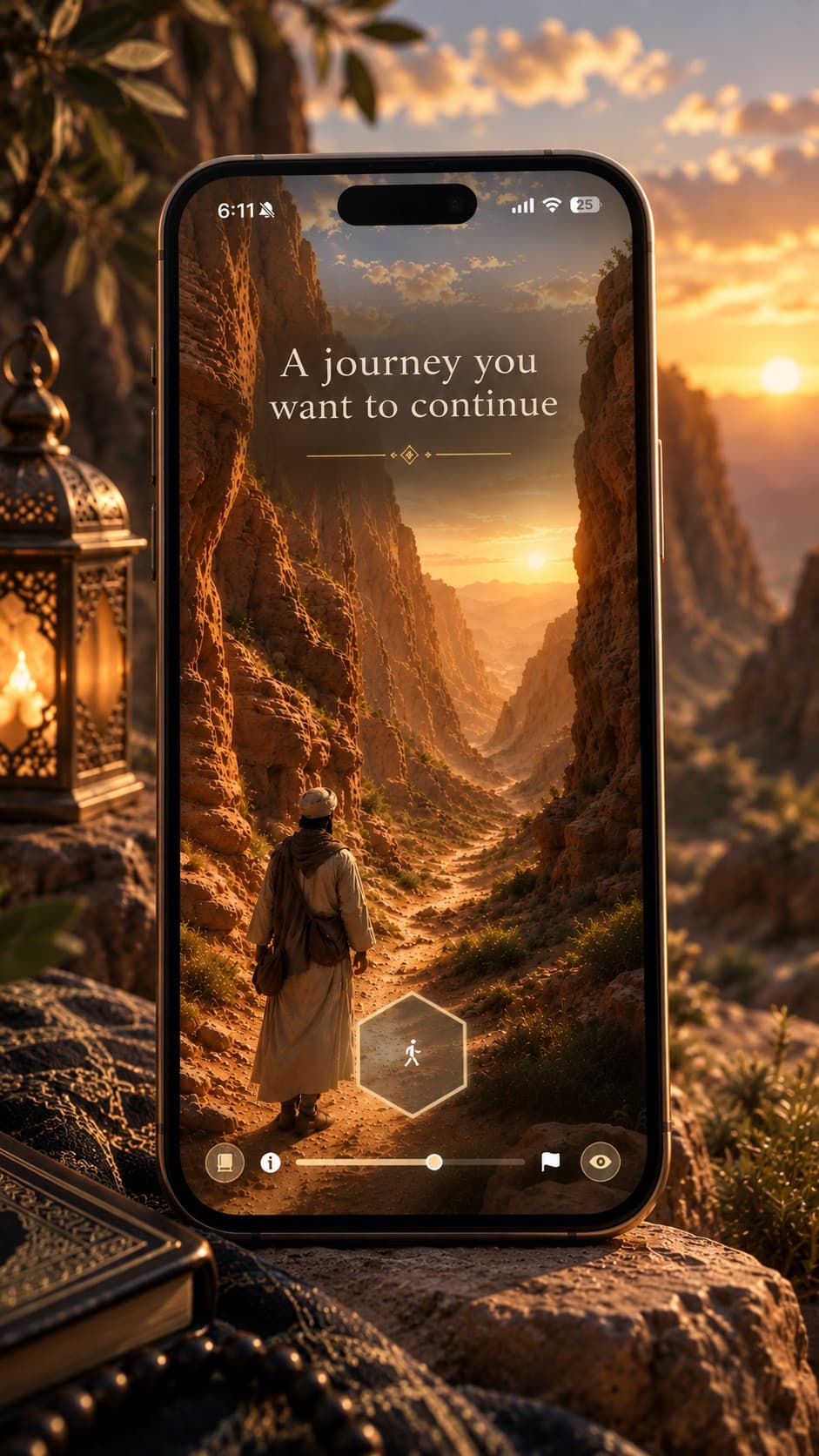 The Sirat Journey, a traveler walking a canyon path at golden hour
