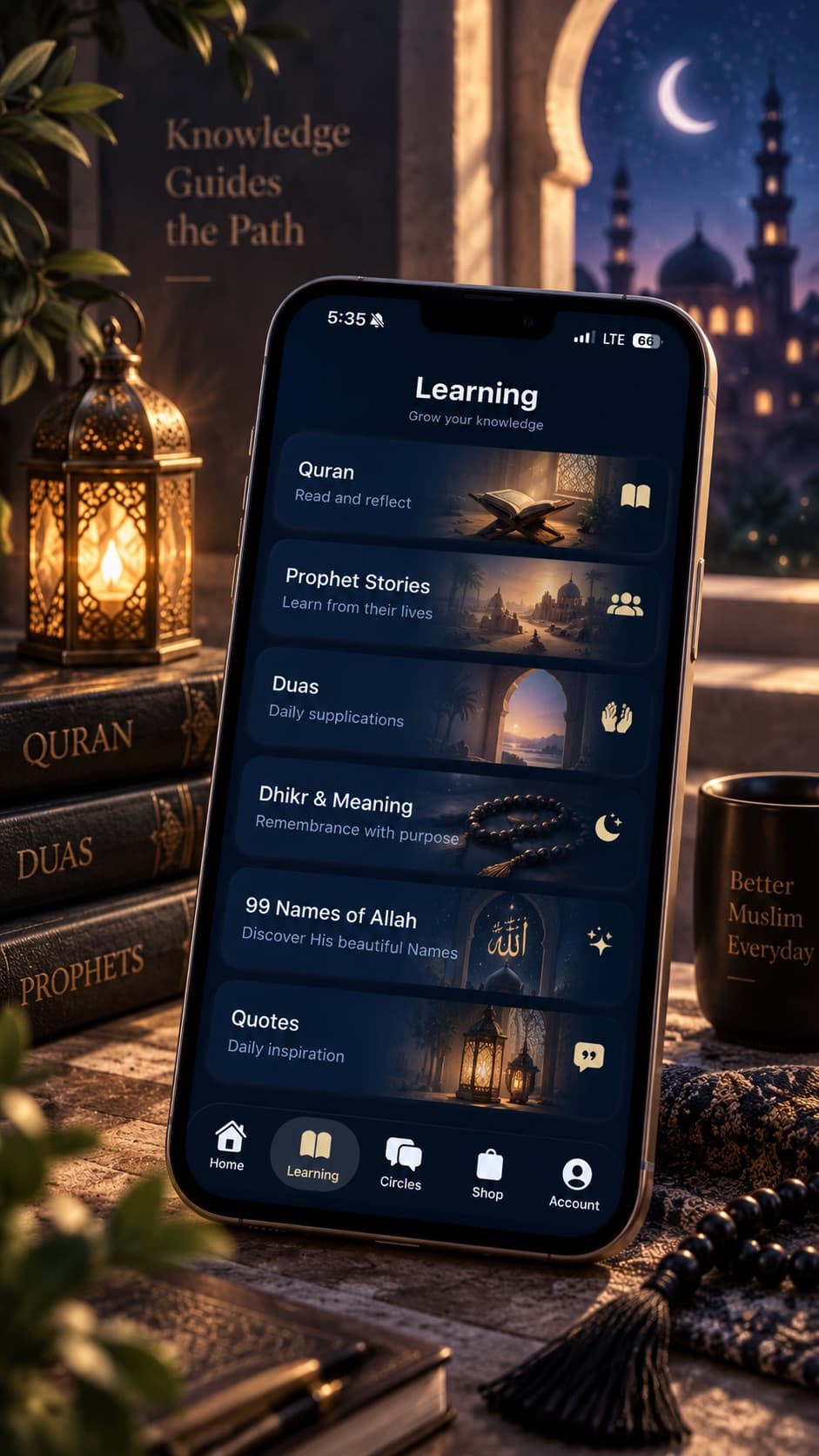 The Sirat Learning tab with Quran, Prophet Stories, Duas, Dhikr, the 99 Names and Quotes