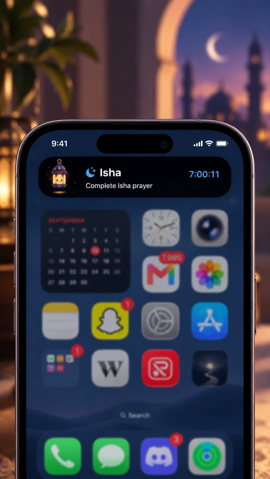 The Sirat companion on the Lock Screen and Dynamic Island, counting down to Isha
