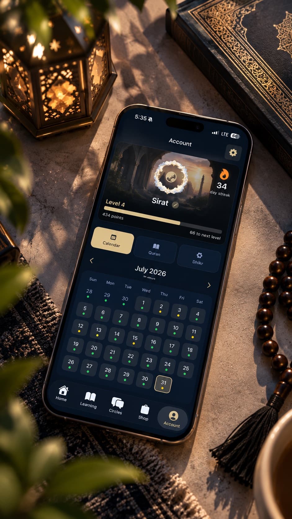 The Sirat account screen with a 34 day streak, level progress and the worship calendar