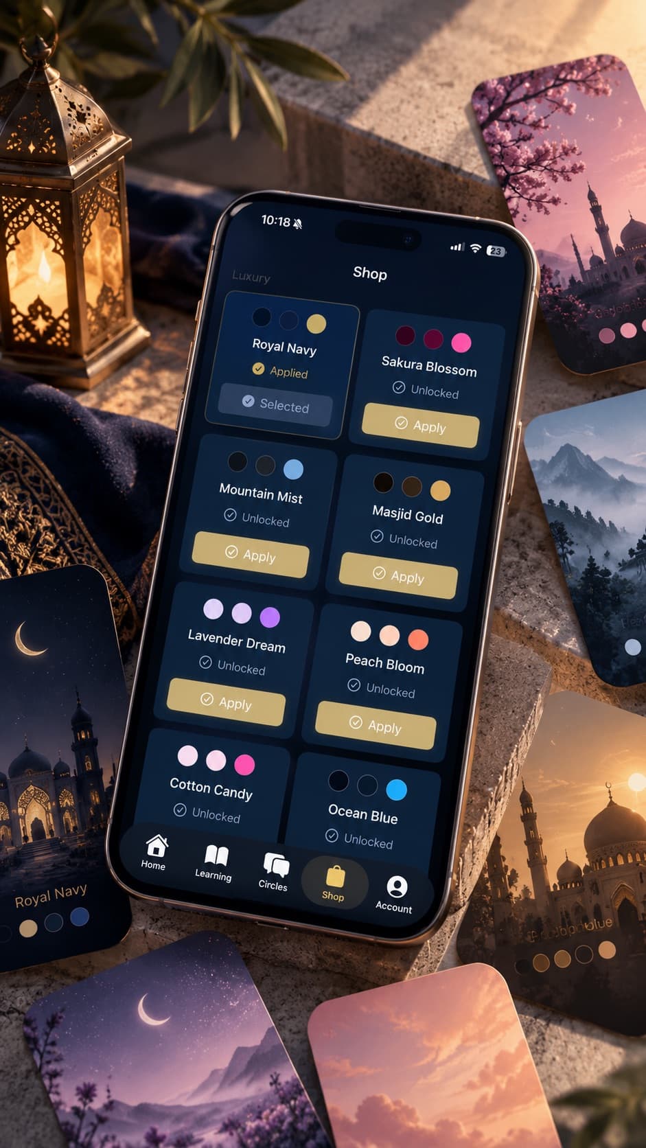 The Sirat shop showing unlockable themes with their color palettes
