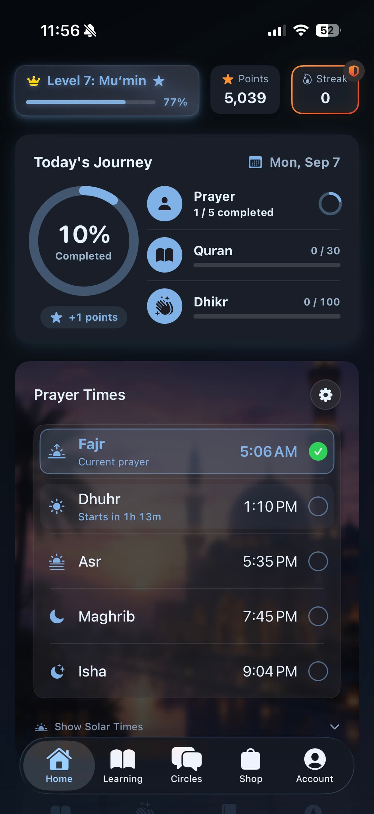 The Sirat home screen with today's journey and prayer times