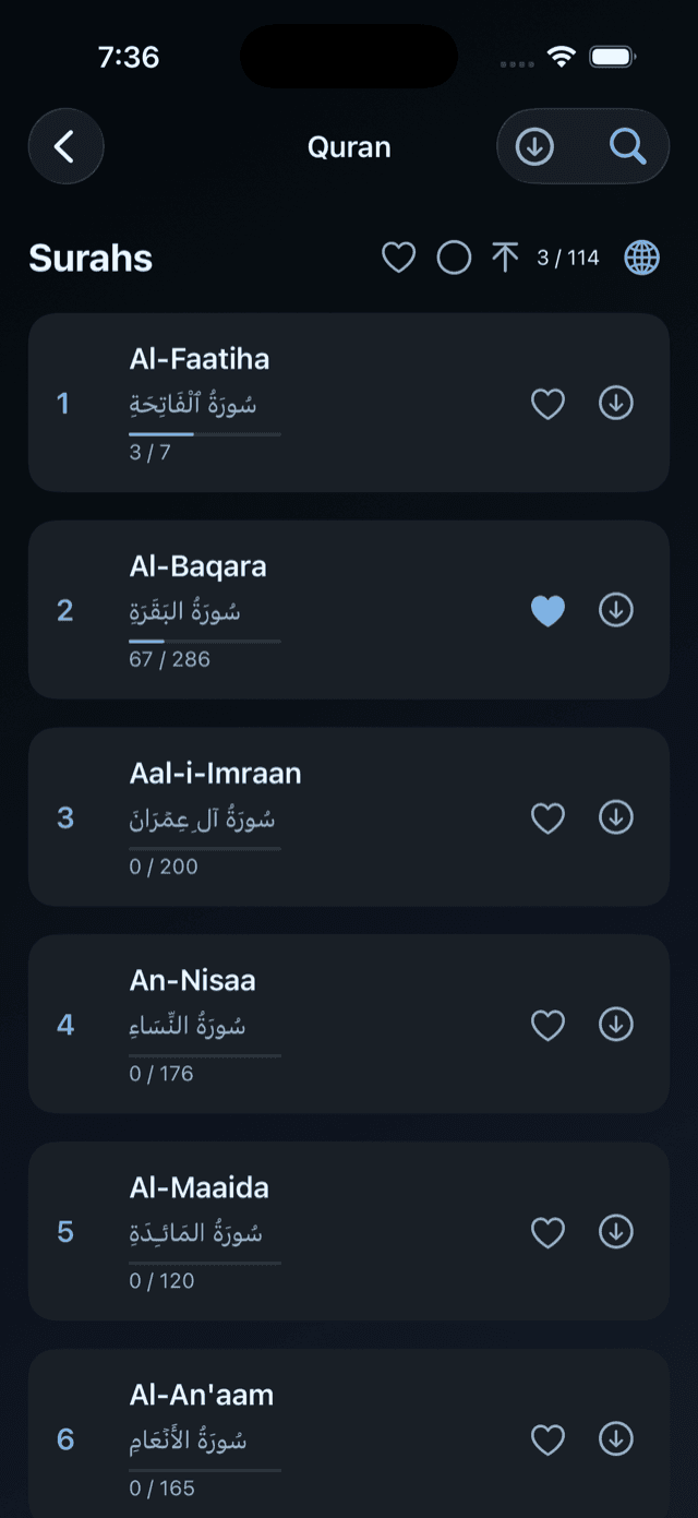 Quran surah list with reading progress